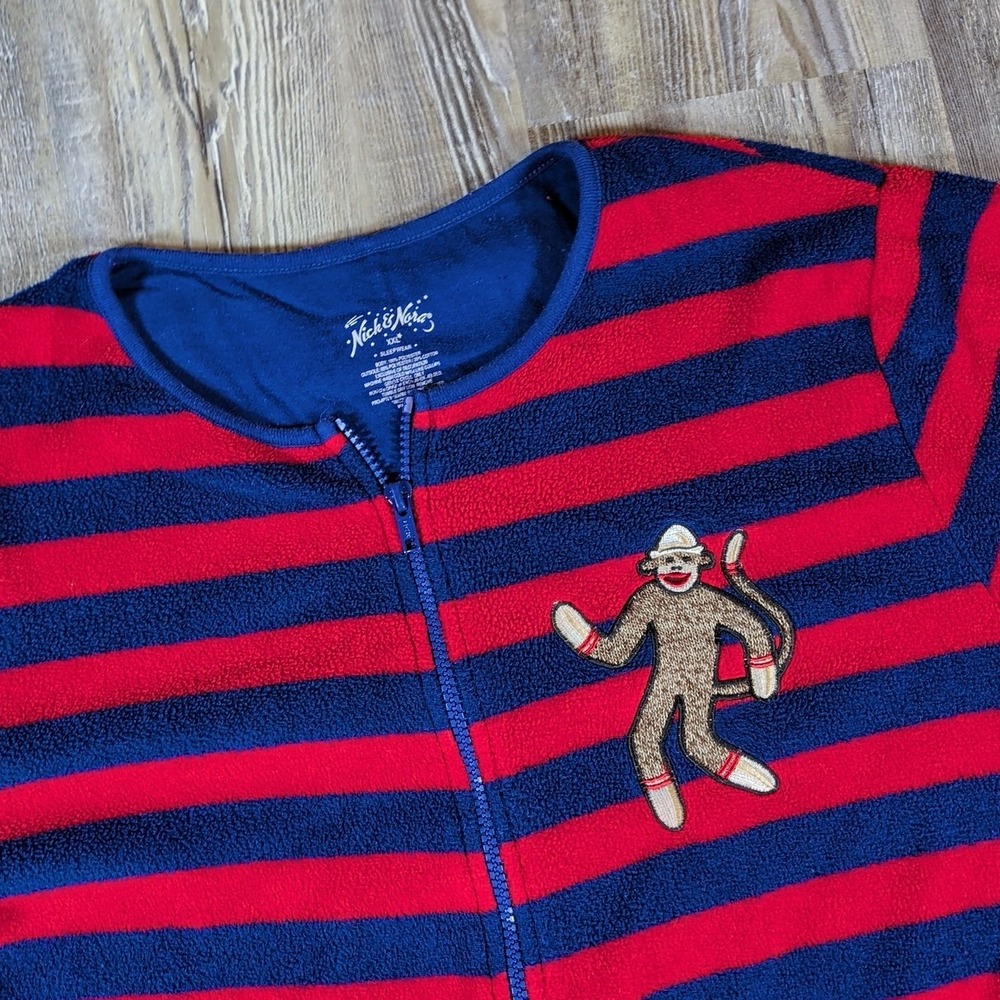 Nick & Nora XXL Pajama Red Striped Sock Monkey Fleece One Piece Footed Zip Adult